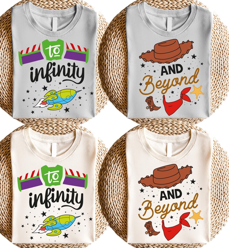 Fun and adventurous To Infinity And Beyond matching shirts featuring a Buzz Lightyear-inspired design. Perfect for couples, families, and Toy Story fans. Made from soft, breathable fabric for all-day comfort, ideal for Disneyland trips, family vacations, or casual wear. Available in multiple sizes and colors for a coordinated look. A great gift for Disney lovers, adding a magical touch to any trip or special occasion!