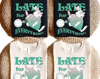May include: Four t-shirts with a white rabbit graphic and the text "Late for Everything". The shirts are in two colors: black and cream.