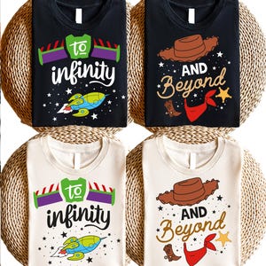 Fun and adventurous To Infinity And Beyond matching shirts featuring a Buzz Lightyear-inspired design. Perfect for couples, families, and Toy Story fans. Made from soft, breathable fabric for all-day comfort, ideal for Disneyland trips, family vacations, or casual wear. Available in multiple sizes and colors for a coordinated look. A great gift for Disney lovers, adding a magical touch to any trip or special occasion!