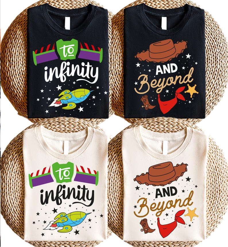 Fun and adventurous To Infinity And Beyond matching shirts featuring a Buzz Lightyear-inspired design. Perfect for couples, families, and Toy Story fans. Made from soft, breathable fabric for all-day comfort, ideal for Disneyland trips, family vacations, or casual wear. Available in multiple sizes and colors for a coordinated look. A great gift for Disney lovers, adding a magical touch to any trip or special occasion!