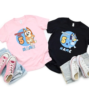 Personalized Bluey Birthday Shirt, Disney Birthday Girl Boy Shirt, Chilli and Bandit Shirt, Custom Birthday Shirt, Bluey Party Shirt