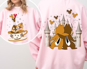 Disney Chip and Dale Sweatshirt, Pink Castle Crewneck, Cute Teacup Design, Matching Disney Outfits, Gift for Disney Fans, Cozy Vacation Wear