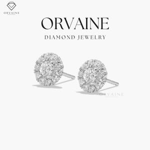 Halo Lab-Grown Diamond or Moissanite Earrings | 14K Gold Round Brilliant Halo & Center Push Back Prong Setting Sparkling Jewelry by Orvaine