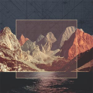 May include: A scenic landscape print featuring a mountain range reflected in a lake. The mountains have a reddish-brown hue on the right side, with a muted color palette. A square frame overlays the image, set against a dark blue background.