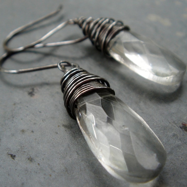 faceted elongated crystal clear glass on oxidized sterling silver - black ice earrings