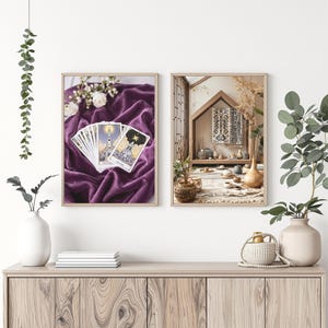 Digitale print tarotkaart en muurkunst Japans theehuis: twee unieke woondecoratieprints
