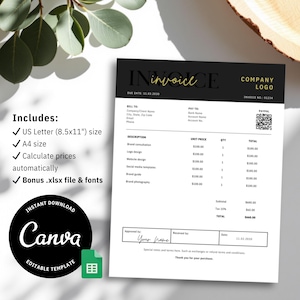 Puede incluir: Una plantilla de factura en blanco y negro con la palabra "invoice" en dorado. La plantilla incluye secciones para el logotipo de la empresa, la facturación, el pago y una descripción de los servicios. El logotipo de Canva también es visible.