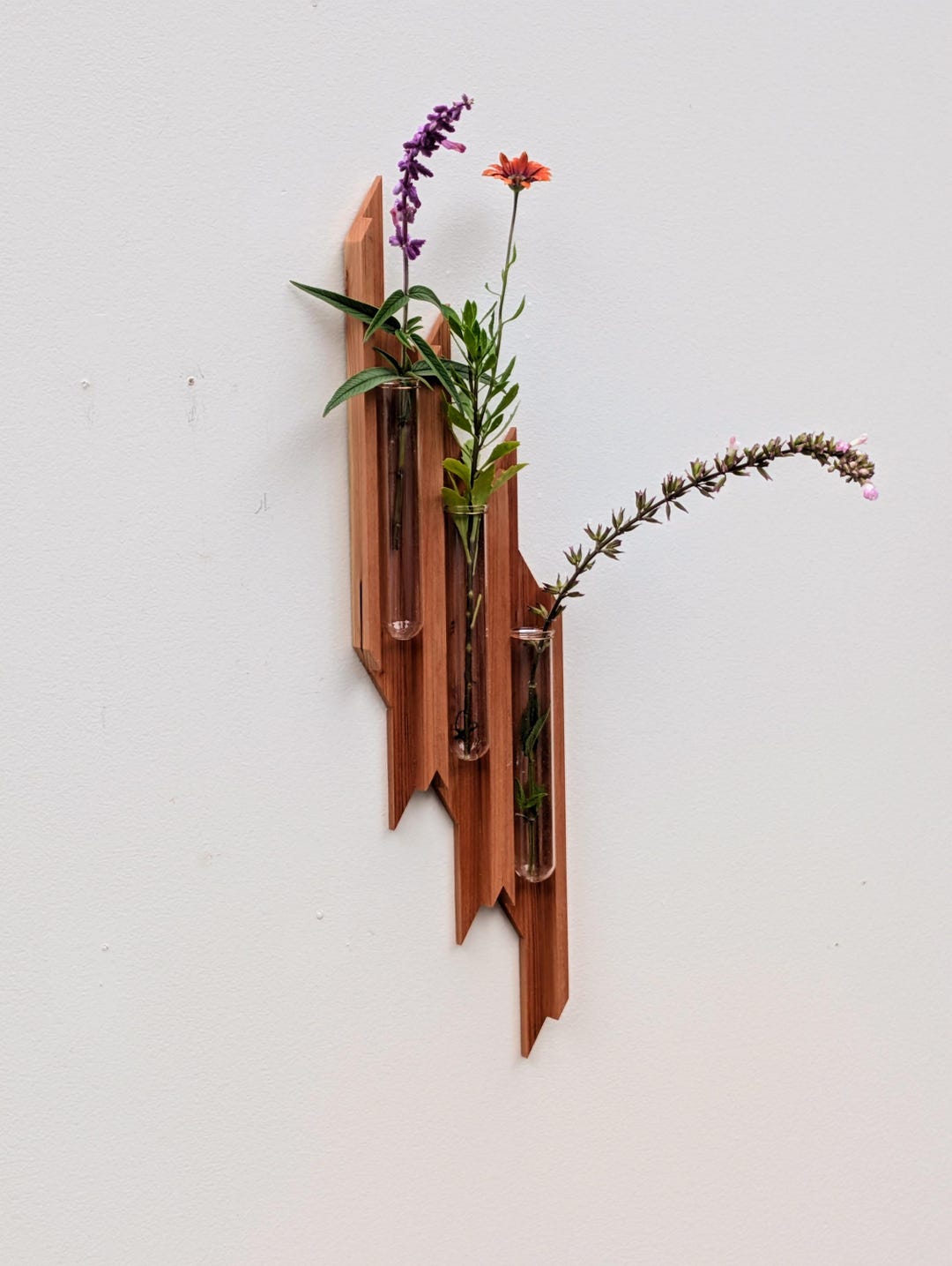 Redwood Wall Vase: Triple Glass Tube Planter, Modern Home Decor