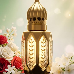 May include: A gold-colored perfume bottle with a crown-shaped cap and a geometric design. The bottle is surrounded by red and white roses and white jasmine flowers. The background is a soft green.