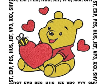 Diseño de bordado de corazón de Winnie the Pooh: Archivo para la habitación del bebé (Descarga digital)