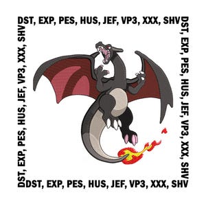 Desenho de bordado Charizard brilhante, arquivos de bordado Pokémon - 8 tamanhos, download digital