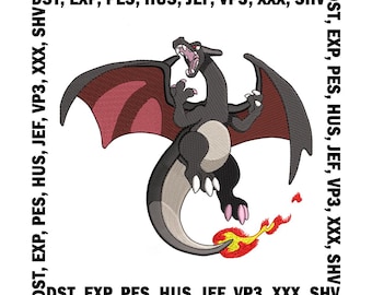 Diseño de bordado de Charizard brillante, archivos de bordado de Pokémon (8 tamaños, descarga digital)