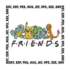 May include: Embroidered design featuring four cartoon characters with the word "FRIENDS" in black letters. The characters are a turtle, a yellow creature, a green creature, and an orange creature. The design is surrounded by text.
