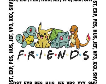 Diseño de bordado de amigos Pokémon: Pikachu, Bulbasaur, Charmander y Squirtle (descarga digital)