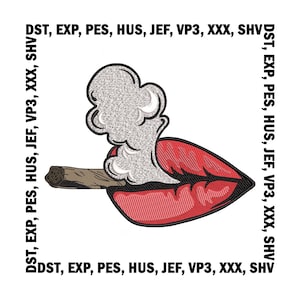 Può includere: Una toppa ricamata con un paio di labbra rosse che fumano una canna con una scia di fumo bianco.