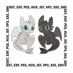 Toothless and Light Fury Embroidery Design | Cartoon Embroidery Files - 5 Sizes | Digital download