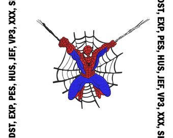 Può includere: Un ricamo di Spiderman appeso a una ragnatela. Il ricamo è in rosso, blu e nero.