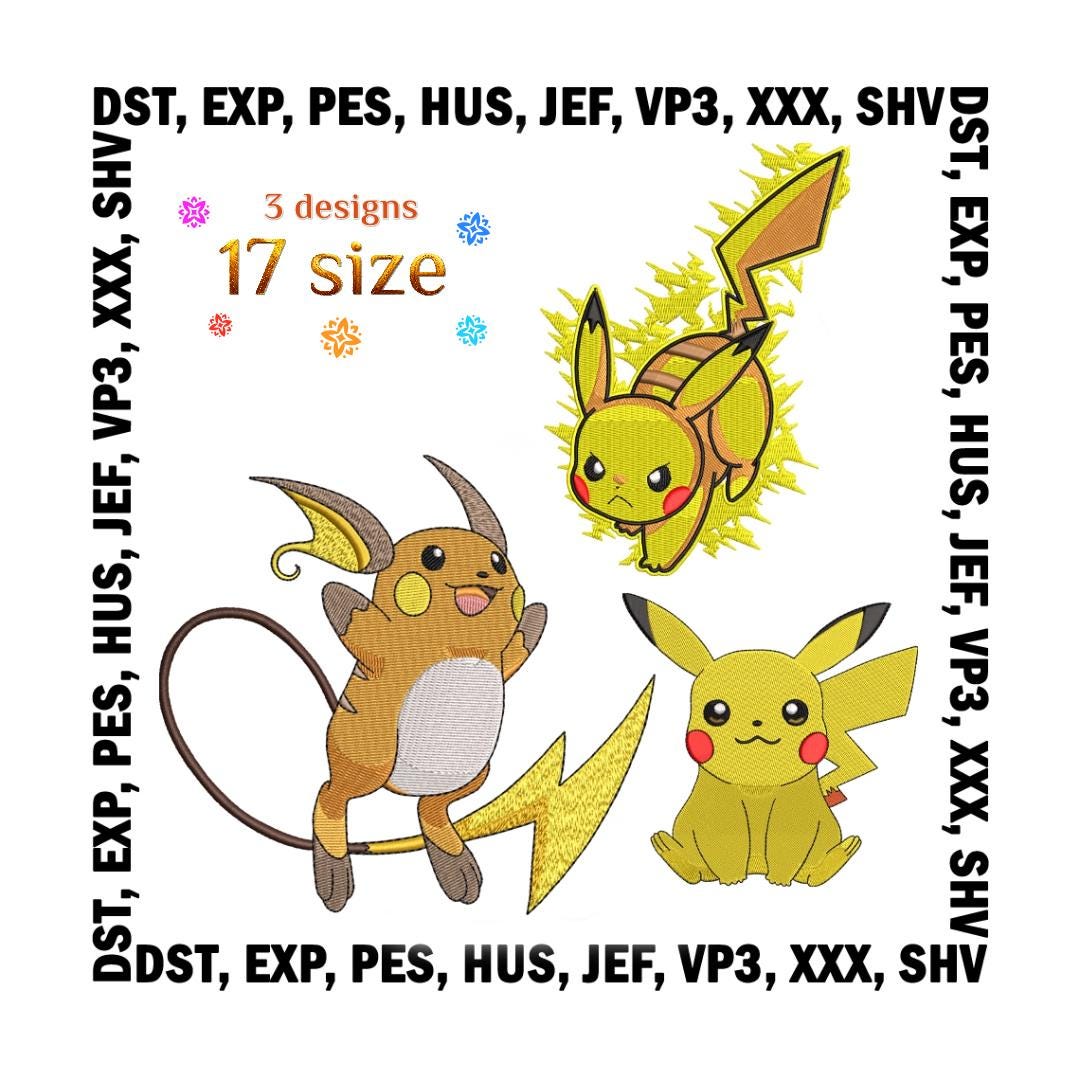 Pokemon Pattern Esign Pikachu Embroidery Designs – 3 Pokemon Patterns, 17 Sizes (digital ...