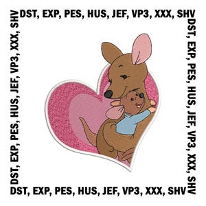 Peut inclure: Patch brodé représentant un cœur rose avec une mère kangourou en train d'embrasser son petit. Le kangourou est brun avec un nez rose et le petit porte une chemise bleue.