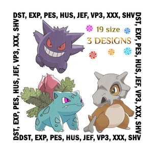 May include: Embroidered designs featuring three cartoon characters: a purple ghost with a wide grin, a blue and green dinosaur-like creature with a pink flower, and a brown creature with a skull-like head. The text indicates 19 sizes and 3 designs.