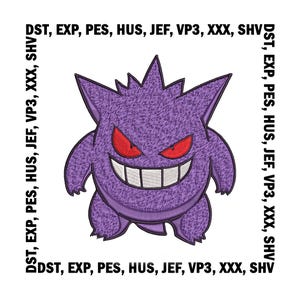 May include: A purple cartoon character with a wide grin and red eyes. The character has a spiky head and is surrounded by text that reads "DST, EXP, PES, HUS, JEF, VP3, XXX, SHV" in black. The image is on a white background.