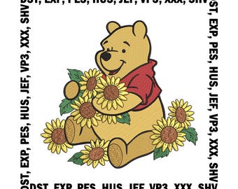 Diseño de bordado de Winnie the Pooh, girasoles (5 tamaños, descarga digital)