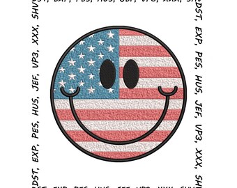 USA Flag Smiley Face Embroidery Design: Patriotic Machine File (Digital Pattern)