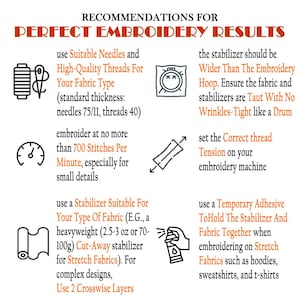May include: A colorful infographic with tips for perfect embroidery results. The infographic includes illustrations of embroidery needles, thread, a hoop, a stabilizer, and a spray bottle. The text includes recommendations for using suitable needles and high-quality threads, embroidering at no more than 700 stitches per minute, using a stabilizer suitable for the fabric type, and using a temporary adhesive to hold the stabilizer and fabric together.