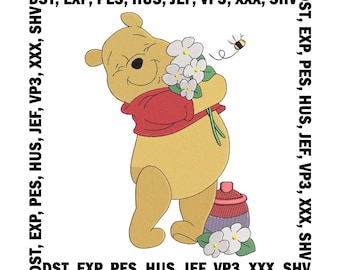 Winnie Pooh with Flowers Embroidery Design, 6 Sizes (Digital Download)