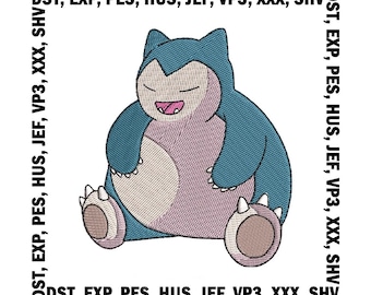 Diseño de bordado de anime de Snorlax, archivos de bordado de Pokémon - 7 tamaños, descarga digital