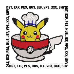 Puede incluir: Parche bordado con un Pikachu amarillo que lleva un gorro de chef blanco, asomándose a una taza con forma de Poké Ball roja y blanca. El texto "DST, EXP, PES, HUS, JEF, VP3, XXX, SHV" se repite alrededor del borde del parche.
