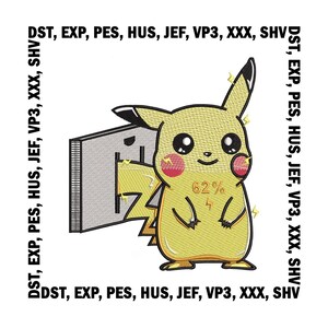 May include: A yellow cartoon character resembling Pikachu, with a red heart-shaped cheek, is standing in front of a gray rectangular object. The character is holding a lightning bolt in its right hand. The text "62%" is written on the character's body. The text "DST, EXP, PES, HUS, JEF, VP3, XXX, SHV" is written around the image.