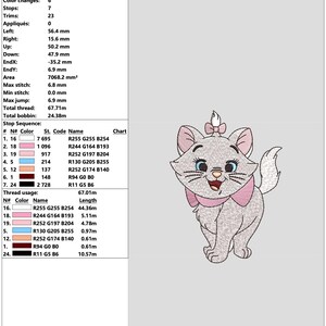 Puede incluir: Hoja de trabajo de dise&ntilde;o de bordado para "Aristocats Marie" con un gato de dibujos animados con un lazo y un collar rosas. El dise&ntilde;o mide 7,2 cm de ancho y 9,8 cm de alto, con 7 colores y 12.937 puntadas. La hoja incluye c&oacute;digos de color y uso de hilo.