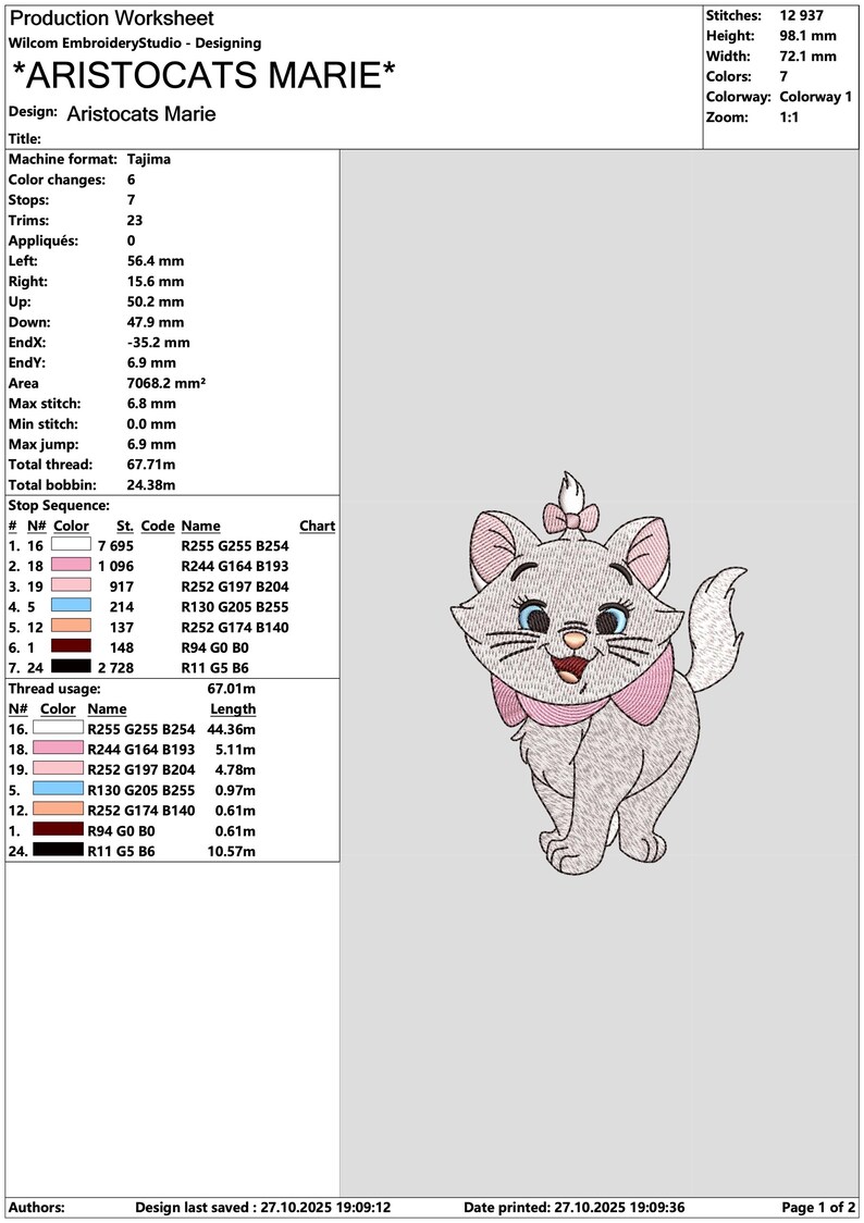 Puede incluir: Hoja de trabajo de dise&ntilde;o de bordado para "Aristocats Marie" con un gato de dibujos animados con un lazo y un collar rosas. El dise&ntilde;o mide 7,2 cm de ancho y 9,8 cm de alto, con 7 colores y 12.937 puntadas. La hoja incluye c&oacute;digos de color y uso de hilo.