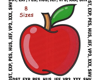 Diseño de bordado de manzana roja, archivos de bordado de frutas - 8 tamaños, descarga digital