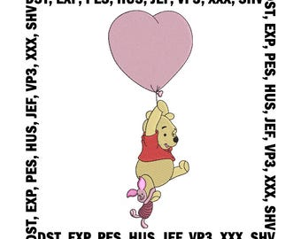 Winnie the Pooh & Piglet Embroidery Design, Heart Balloon Embroidery Files - 5 Sizes, Digital Download