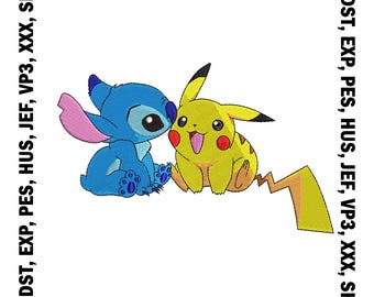 Stitch and Pikachu Embroidery Design, Cute Embroidery Files - 6 Sizes, Digital download