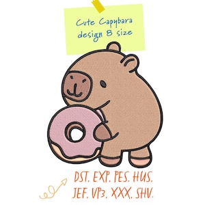 May include: A brown capybara cartoon design holding a pink donut with a yellow frosting. The text on a yellow sticky note reads "Cute Capybara design 8 size". Below the capybara are file format abbreviations.