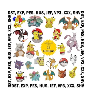 Puede incluir: Una colección de 22 diseños bordados de Pokémon, incluyendo Pikachu y Charizard, con tamaños de 5 a 20 cm. La imagen muestra varios personajes de Pokémon e incluye texto que indica los formatos de archivo de los diseños.