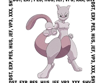 Diseño de bordado de Mewtwo, archivos de bordado de Pokémon, 7 tamaños, descarga digital