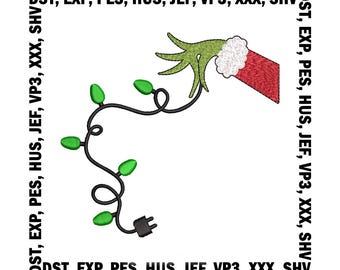 Desenho de bordado à mão do Grinch roubando luzes de Natal - 4 tamanhos, download digital