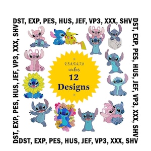 Stitch and Angel Stickmuster, die 12 Designs - Lilo und Stitch Collection - Maschinenstickerei - Größen 6-20cm - Instant Download