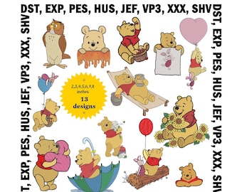 Diseños de bordado de Winnie the Pooh: 13 archivos, 7 tamaños (descarga digital)
