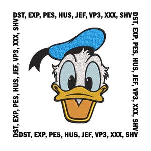 Könnte beinhalten: Gesticktes Design mit Donald Ducks Gesicht, mit blauem Hut und gelbem Schnabel. Das Design ist umgeben von Text: DST, EXP, PES, HUS, JEF, VP3, XXX, SHV. Geeignet für Stickprojekte.