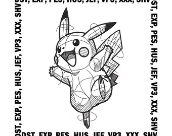 Diseño de bordado de Pikachu, archivos de bordado de Pokémon (5 tamaños, descarga digital)