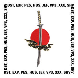以下が含まれることがあります： 黒と銀の刀身と金の柄を持つ刀が、赤い円と黒い雲を背景に描かれている。画像の周りに「DST, EXP, PES, HUS, JEF, VP3, XXX, SHV」というテキストが繰り返されている。