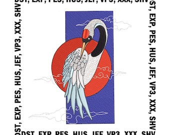 Japanischer Kranich Stickmuster – Orientalischer Vogel Stickdateien (5 Größen), digitaler Download