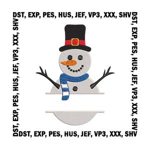 May include: Embroidered snowman design with a black top hat, orange carrot nose, and blue scarf. The snowman has black twig arms and a smiling mouth. The design includes the text "DST, EXP, PES, HUS, JEF, VP3, XXX, SHV".