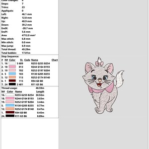 Puede incluir: Un dise&ntilde;o de bordado con el personaje Marie de Los Aristogatos. El dise&ntilde;o muestra a Marie con un lazo y un collar rosas. El dise&ntilde;o mide 8,01 cm de alto y 5,88 cm de ancho.