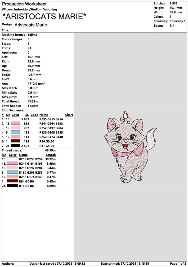Puede incluir: Un dise&ntilde;o de bordado con el personaje Marie de Los Aristogatos. El dise&ntilde;o muestra a Marie con un lazo y un collar rosas. El dise&ntilde;o mide 8,01 cm de alto y 5,88 cm de ancho.